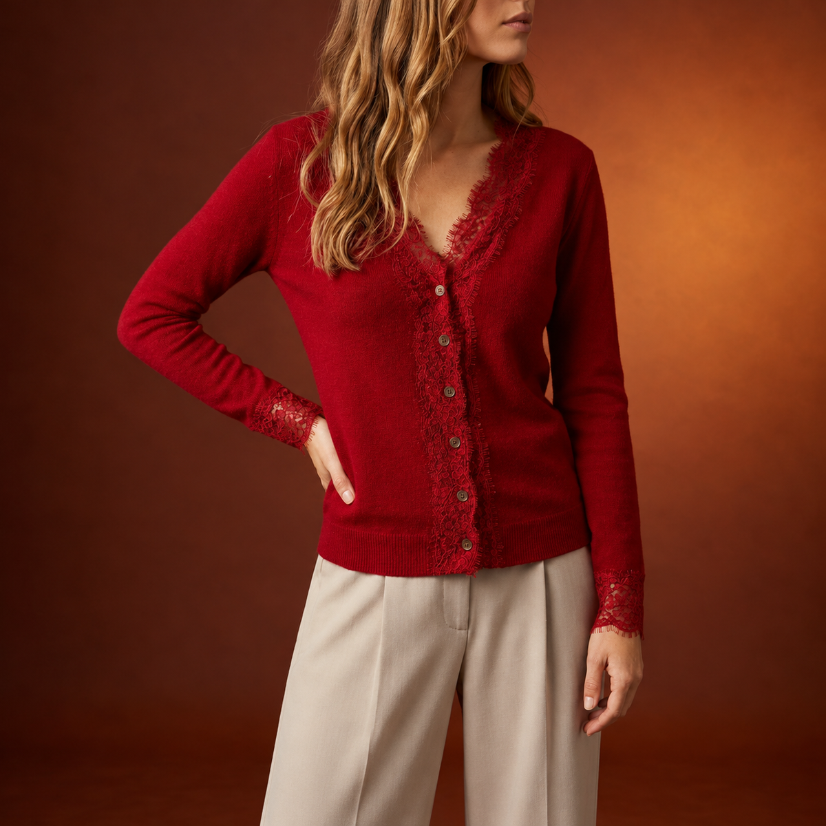 Debra - Women's Lace-Trim Cashmere Cardigan