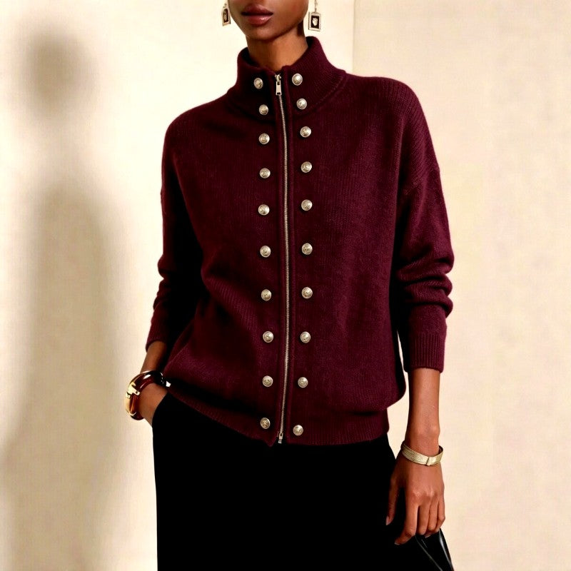Delia - Women's Knit Stand Collar Double-Button Cardigan