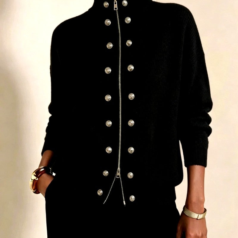Delia - Women's Knit Stand Collar Double-Button Cardigan