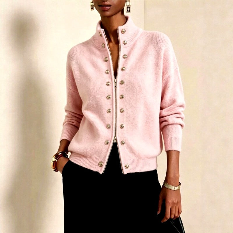 Delia - Women's Knit Stand Collar Double-Button Cardigan