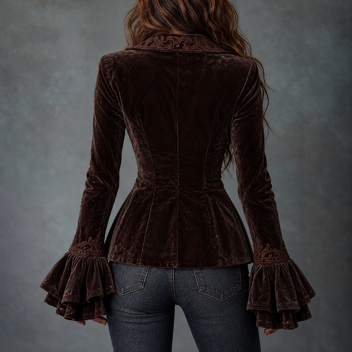 Devon - Women's Velvet Embroidered Flare Sleeve Blazer