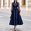 Eleanor - Women's Satin Formal A-Line Dress with Long Sheer Sleeves
