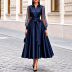Eleanor - Women's Satin Formal A-Line Dress with Long Sheer Sleeves
