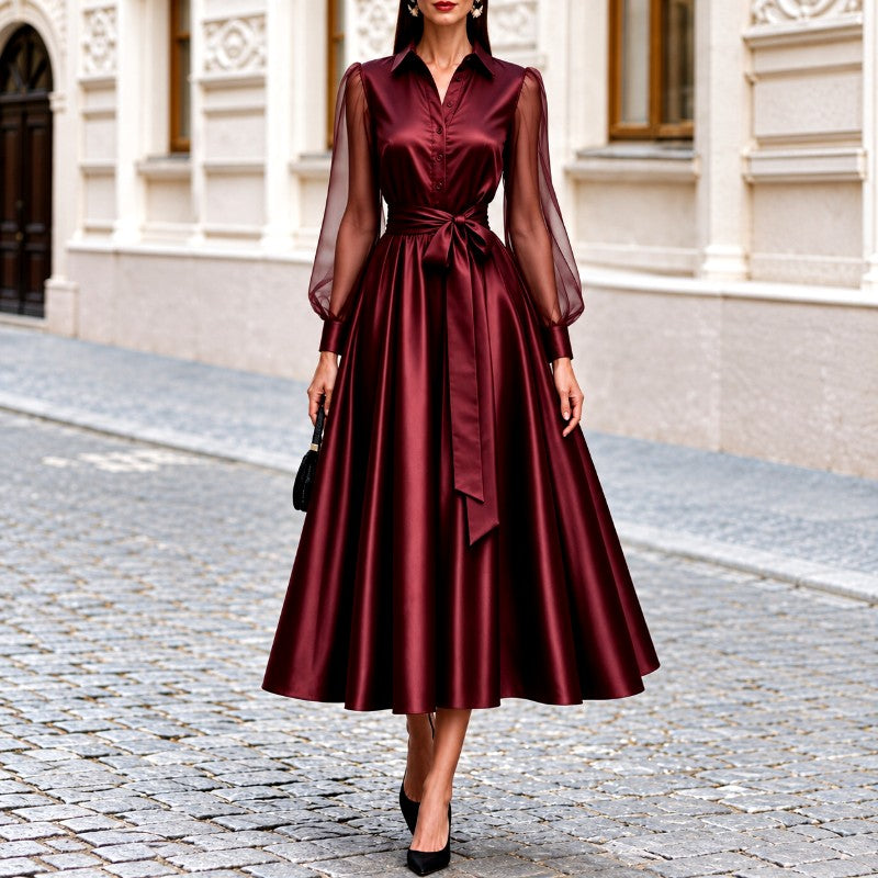 Eleanor - Women's Satin Formal A-Line Dress with Long Sheer Sleeves