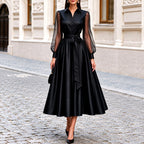 Eleanor - Women's Satin Formal A-Line Dress with Long Sheer Sleeves