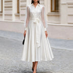 Eleanor - Women's Satin Formal A-Line Dress with Long Sheer Sleeves