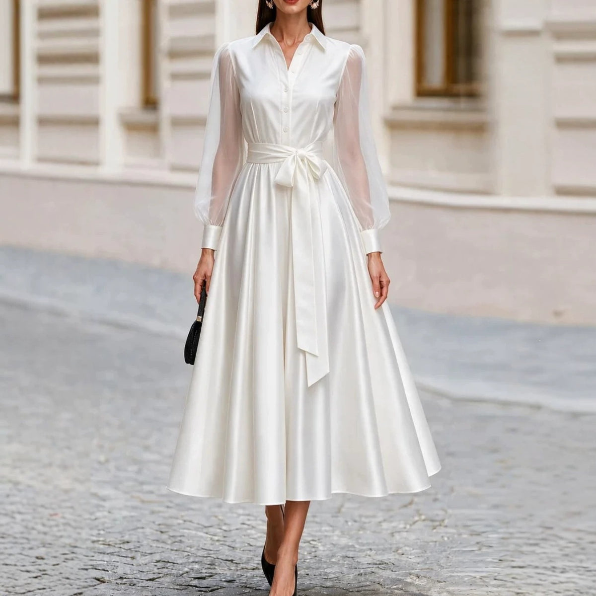 Eleanor - Women's Satin Formal A-Line Dress with Long Sheer Sleeves