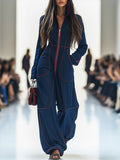 Elena - Women's Wide-Leg Denim Jumpsuit with Contrast Stitching
