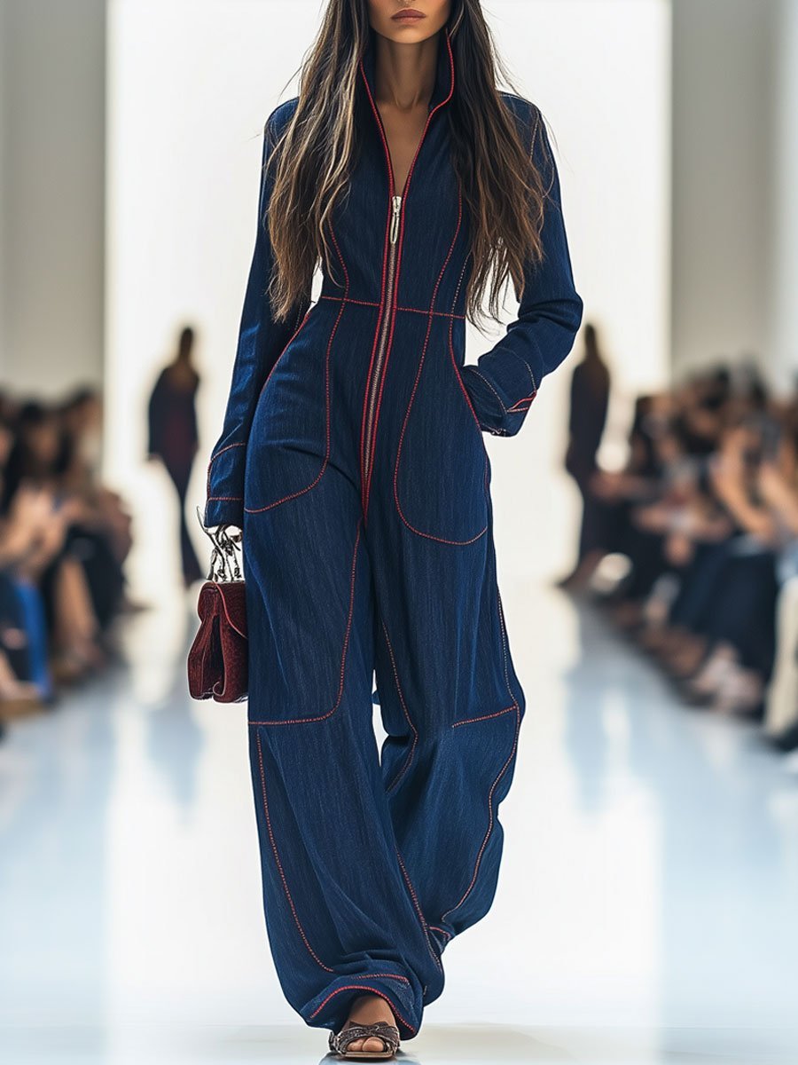 Elena - Women's Wide-Leg Denim Jumpsuit with Contrast Stitching