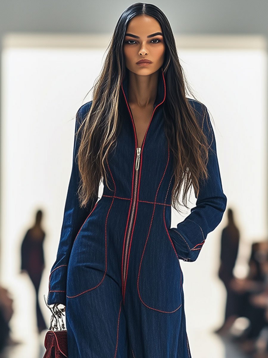 Elena - Women's Wide-Leg Denim Jumpsuit with Contrast Stitching
