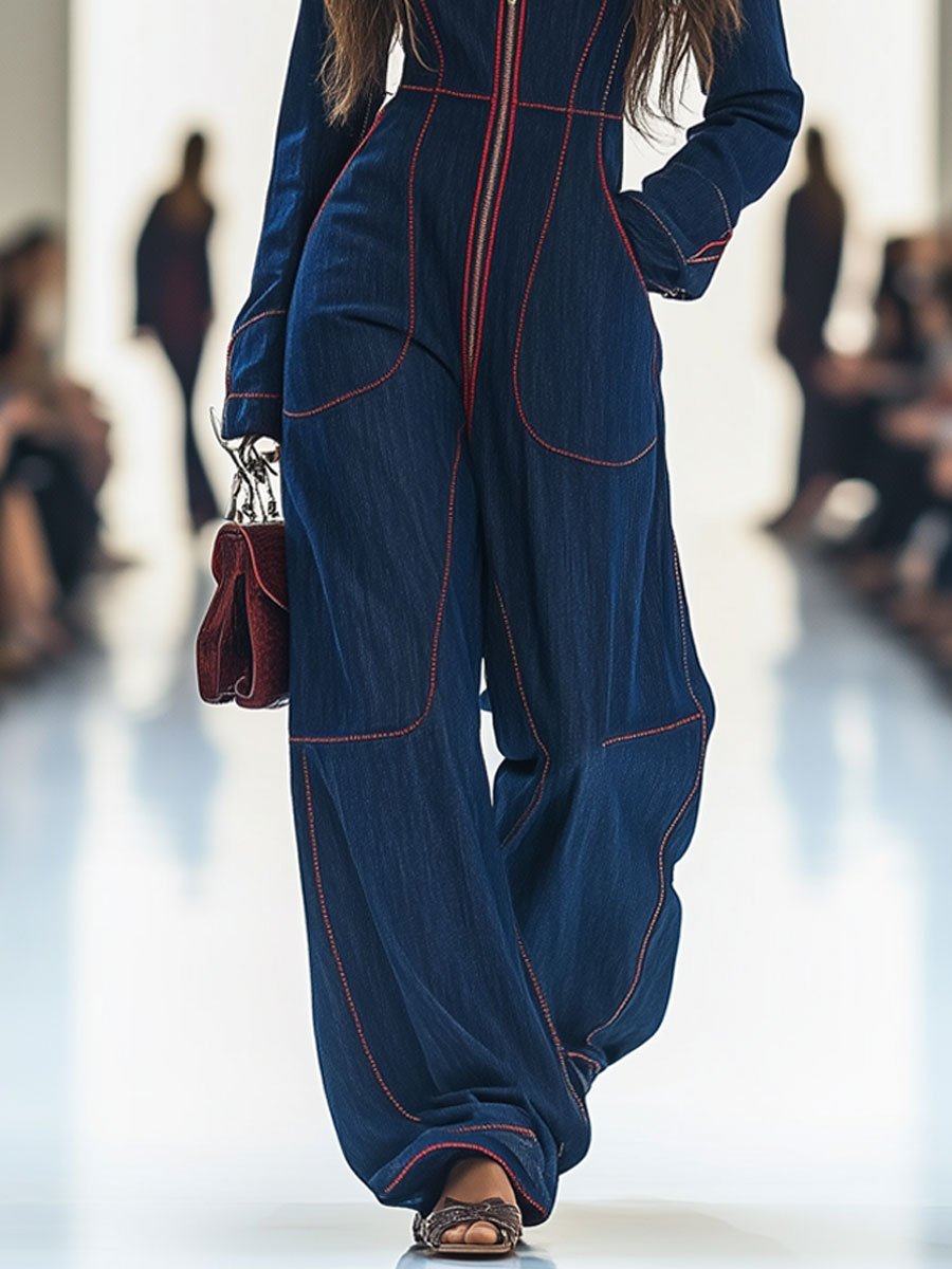 Elena - Women's Wide-Leg Denim Jumpsuit with Contrast Stitching