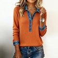 Elise - Women's Contrast Denim Accent Ribbed Sweater