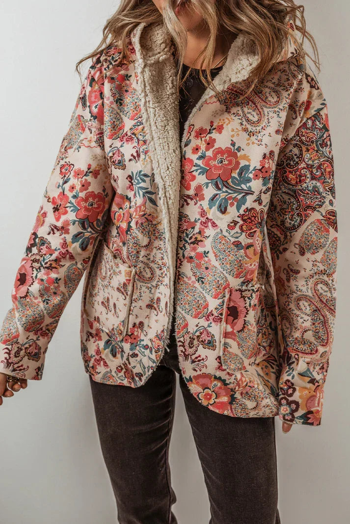 Esther - Women's Floral Paisley Button-Front Blazer with Sherpa Interior