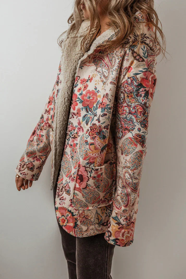 Esther - Women's Floral Paisley Button-Front Blazer with Sherpa Interior