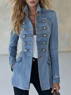Evangeline - Women's Double-Breasted Light Wash Denim Jacket with Ornate Silver Buttons