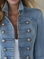Evangeline - Women's Double-Breasted Light Wash Denim Jacket with Ornate Silver Buttons