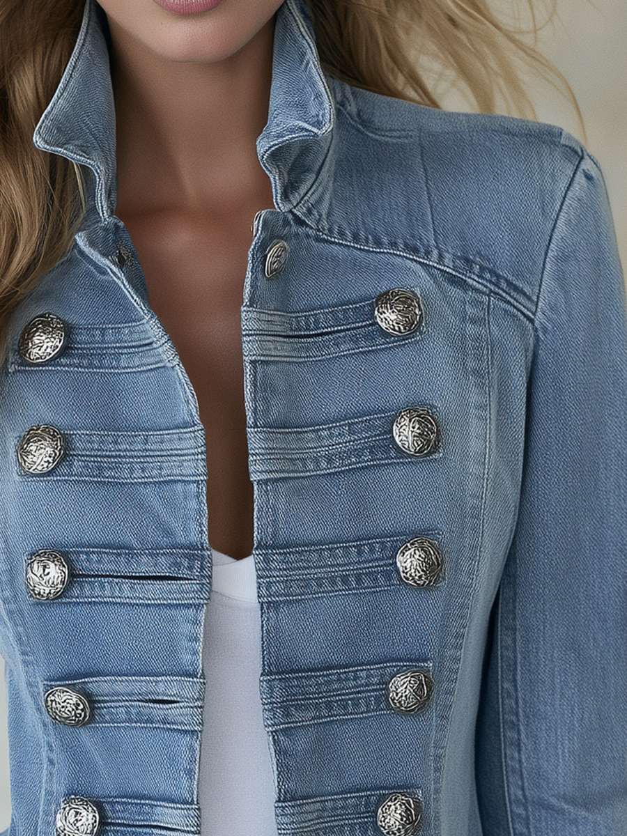 Evangeline - Women's Double-Breasted Light Wash Denim Jacket with Ornate Silver Buttons