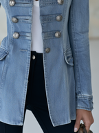 Evangeline - Women's Double-Breasted Light Wash Denim Jacket with Ornate Silver Buttons