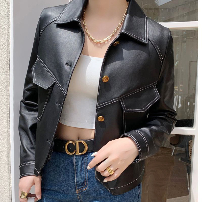 Evelyn - Women's Contrast-Stitch Leather Jacket
