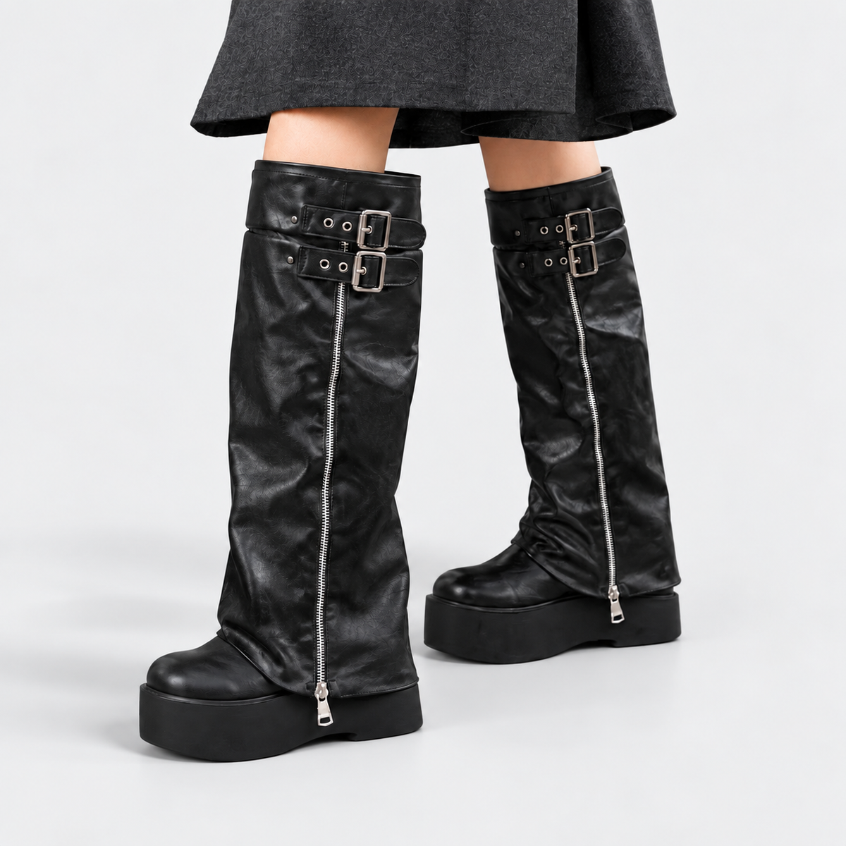 Francesca - Women's Buckle-Strap Platform Knee-High Boots