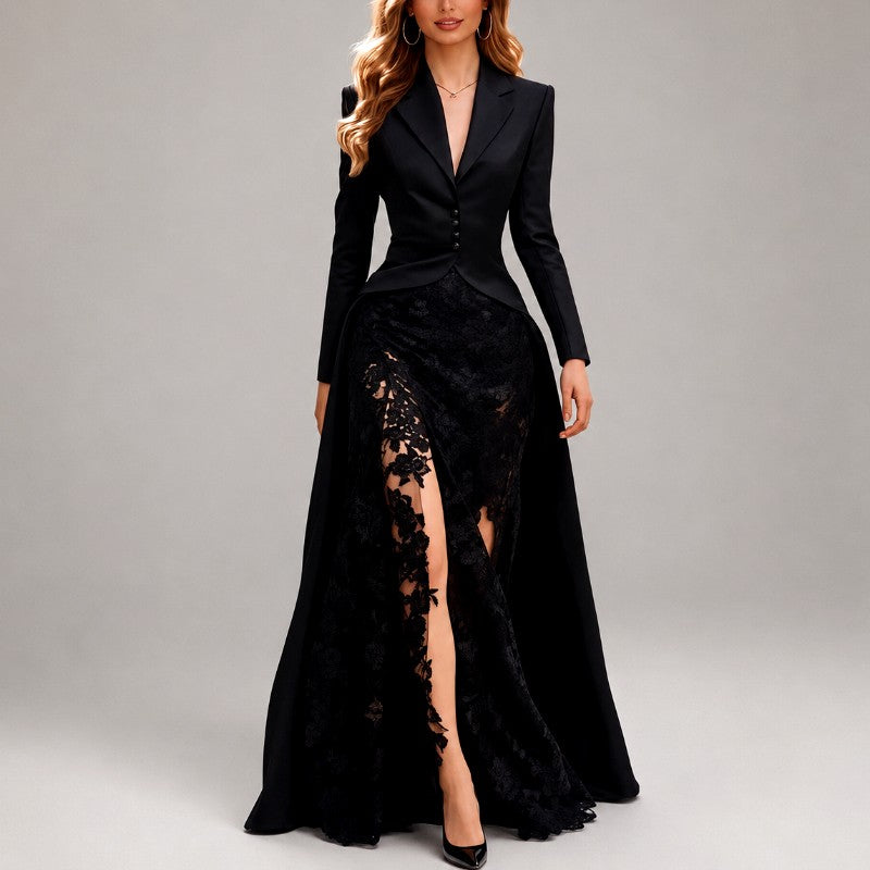 Genevieve - Women's Tailored Blazer & Lace Maxi Skirt Set