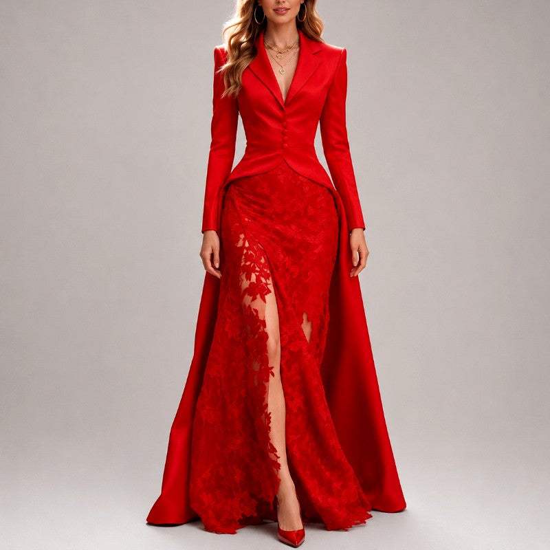 Genevieve - Women's Tailored Blazer & Lace Maxi Skirt Set