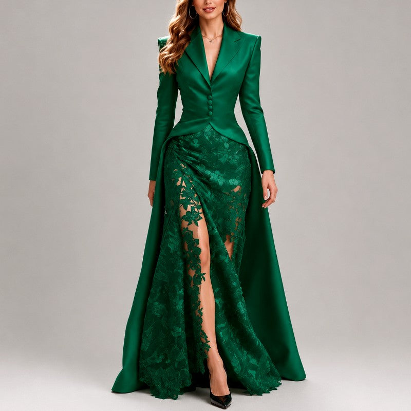 Genevieve - Women's Tailored Blazer & Lace Maxi Skirt Set
