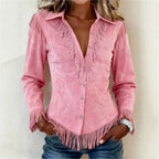 Giada - Women’s Suede-Look Fringe Western Shirt