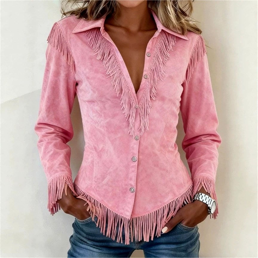 Giada - Women’s Suede-Look Fringe Western Shirt