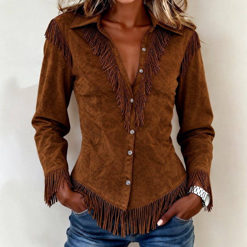 Giada - Women’s Suede-Look Fringe Western Shirt
