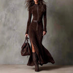 Grace - Women's Suede Stand Collar Zip-Front Maxi Dress