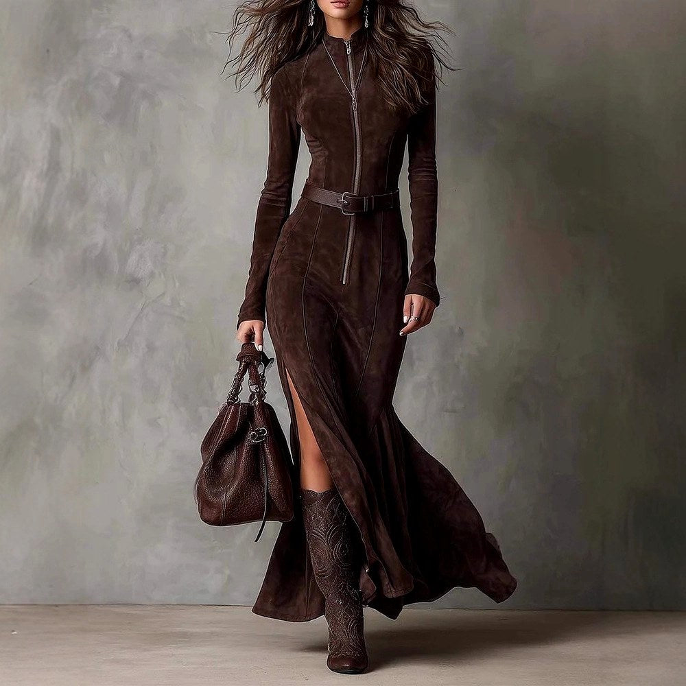 Grace - Women's Suede Stand Collar Zip-Front Maxi Dress
