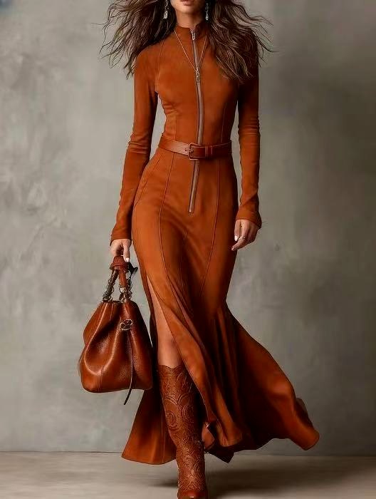 Grace - Women's Suede Stand Collar Zip-Front Maxi Dress