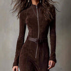 Grace - Women's Suede Stand Collar Zip-Front Maxi Dress