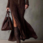 Grace - Women's Suede Stand Collar Zip-Front Maxi Dress