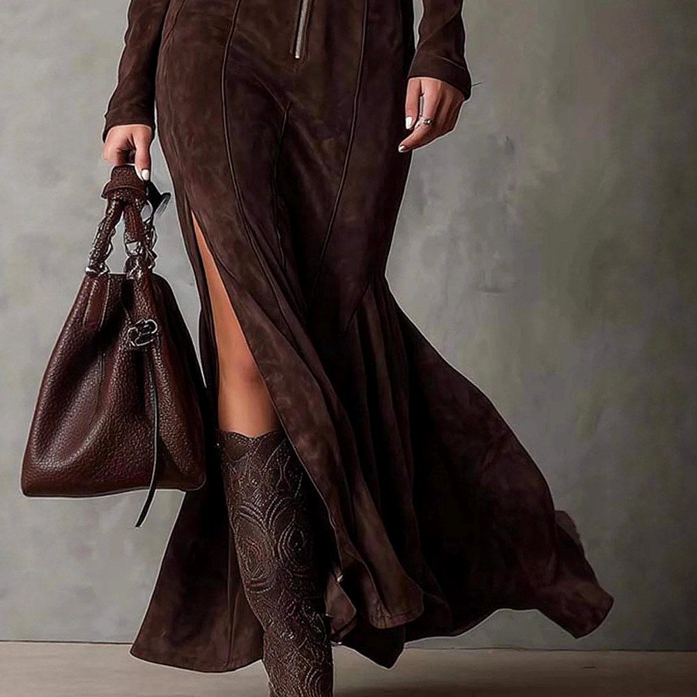 Grace - Women's Suede Stand Collar Zip-Front Maxi Dress
