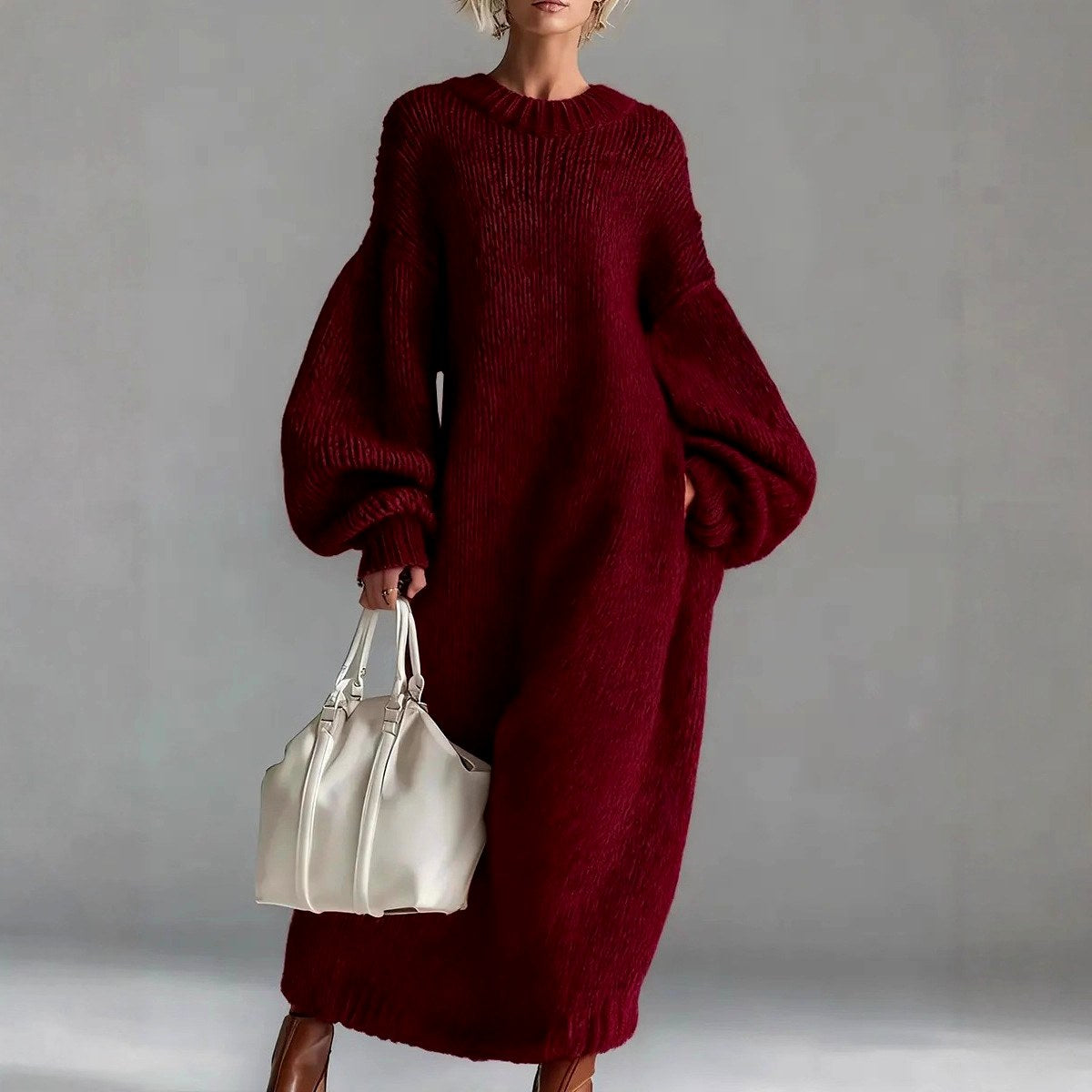 Halo - Women's Ribbed Crew Neck Oversized Sweater Dress 1
