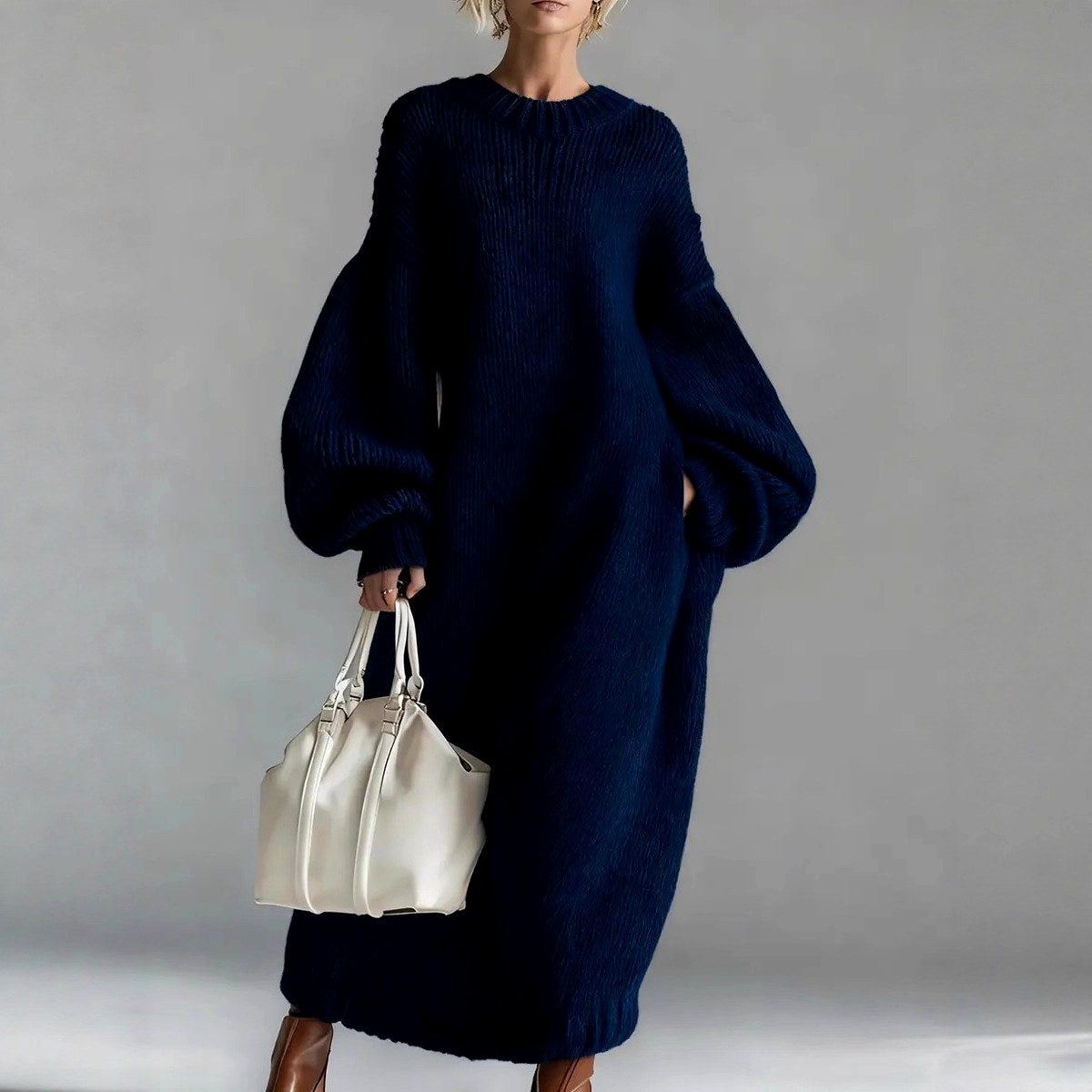 Halo - Women's Ribbed Crew Neck Oversized Sweater Dress 2