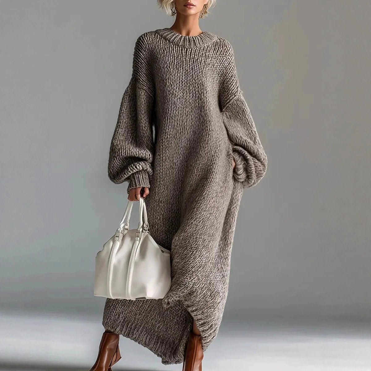 Halo - Women's Ribbed Crew Neck Oversized Sweater Dress 3