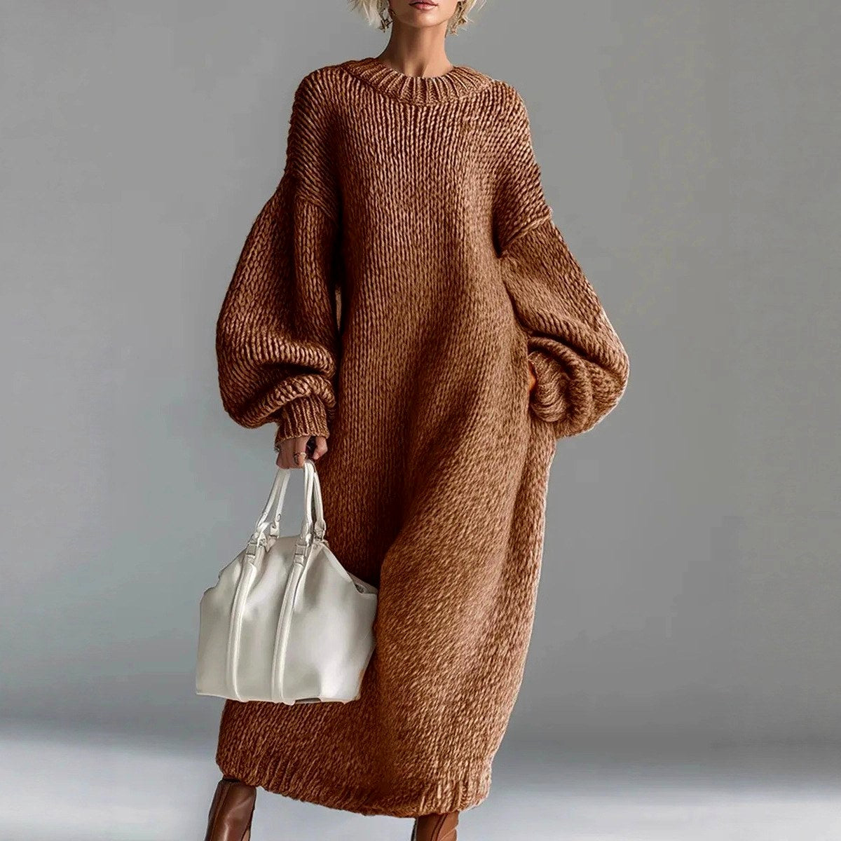 Halo - Women's Ribbed Crew Neck Oversized Sweater Dress 4