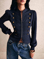 Helena - Women's Pinstripe Military Style Zip-Up Jacket