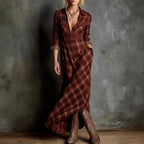 Inara - Women's Plaid Collared Long Sleeve Vacation Maxi Dress