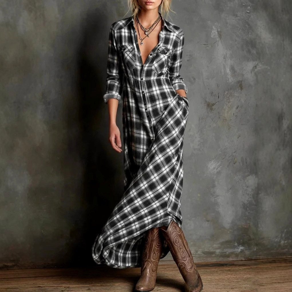 Inara - Women's Plaid Collared Long Sleeve Vacation Maxi Dress
