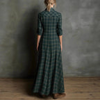 Inara - Women's Plaid Collared Long Sleeve Vacation Maxi Dress