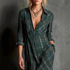 Inara - Women's Plaid Collared Long Sleeve Vacation Maxi Dress
