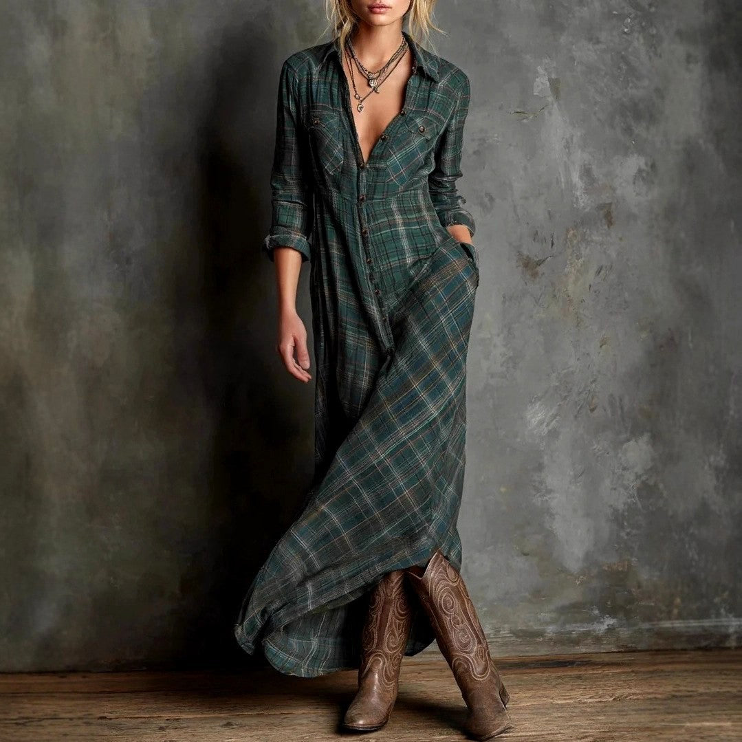 Inara - Women's Plaid Collared Long Sleeve Vacation Maxi Dress