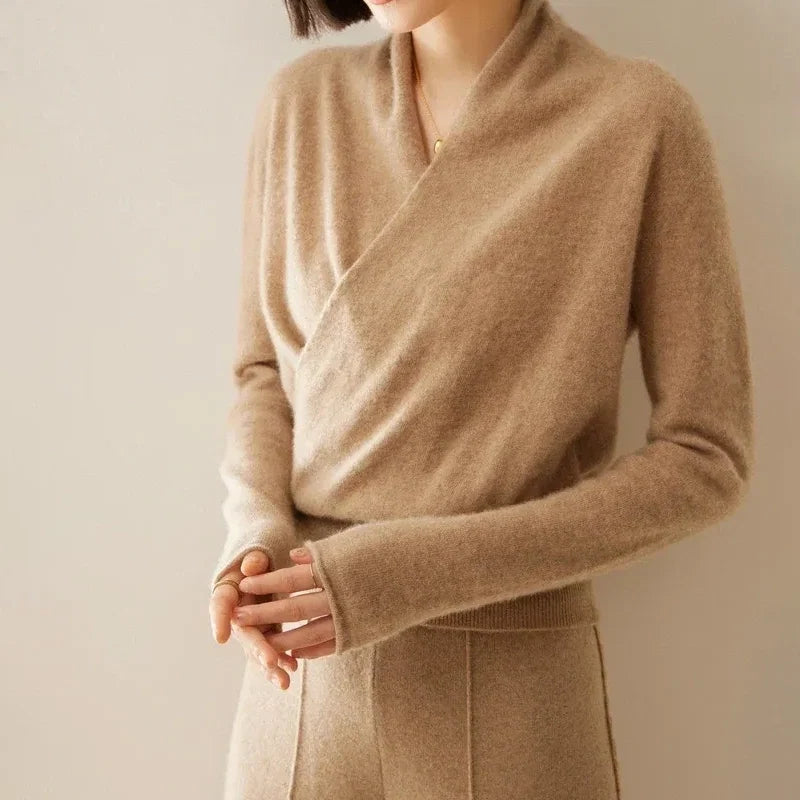Ivy - Women's Cashmere-Blend Wrap Pullover with Overlapped V-Neckline