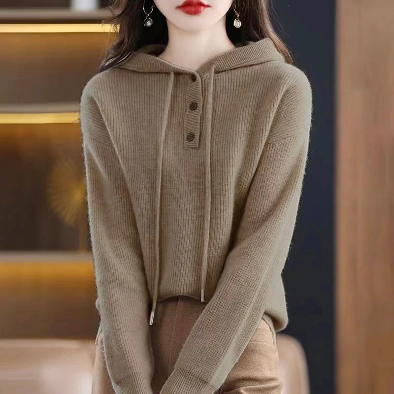 Jade - Women's Button-Placket Cashmere Hooded Sweater