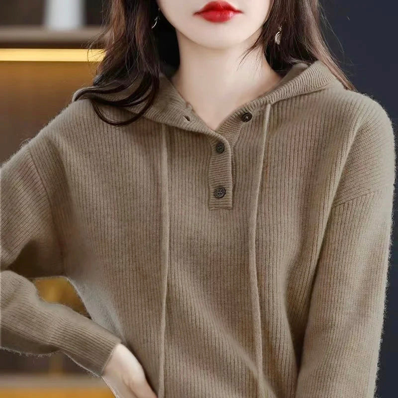 Jade - Women's Button-Placket Cashmere Hooded Sweater