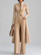 Janine - Women's Stand-Collar Long Coat with High-Waist Flare Pants